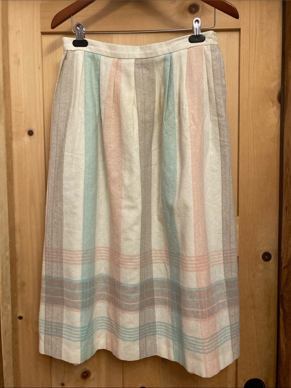 Vintage White Stag Wool Blend Cream Skirt with Pastel Stripes